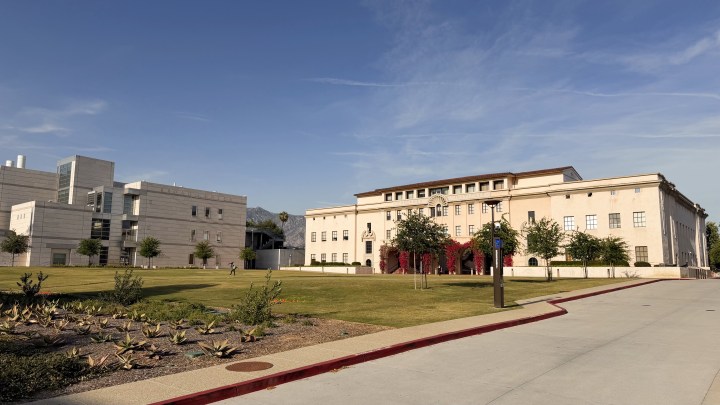 A view of Beckman Institute from Beckman Lawn. This picture is highlighting its architecture and overall form